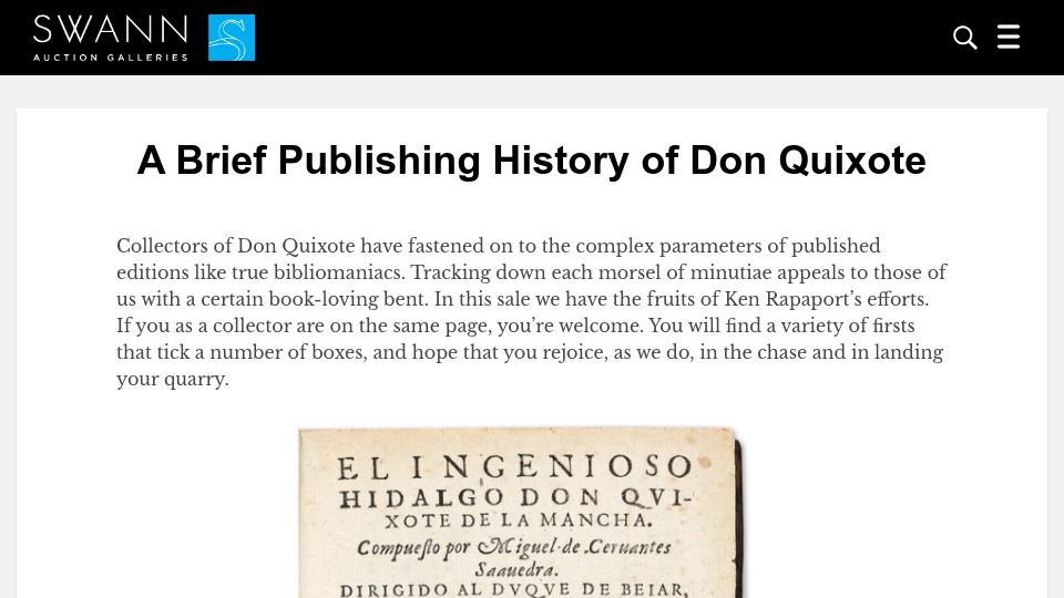 Screenshot of swanngalleries.com: A Brief Publishing History of Don Quixote (2024)