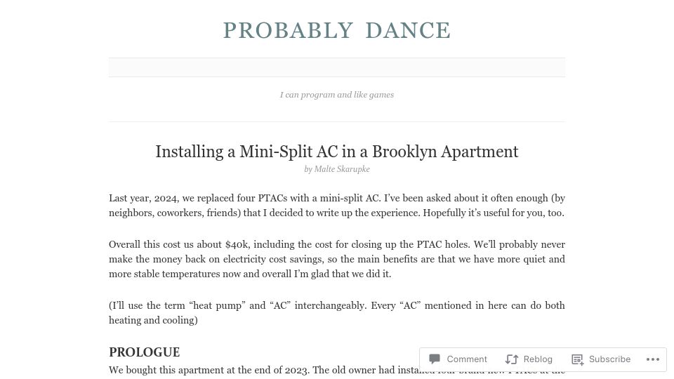 Screenshot of probablydance.com: Installing a mini-split AC in a Brooklyn apartment