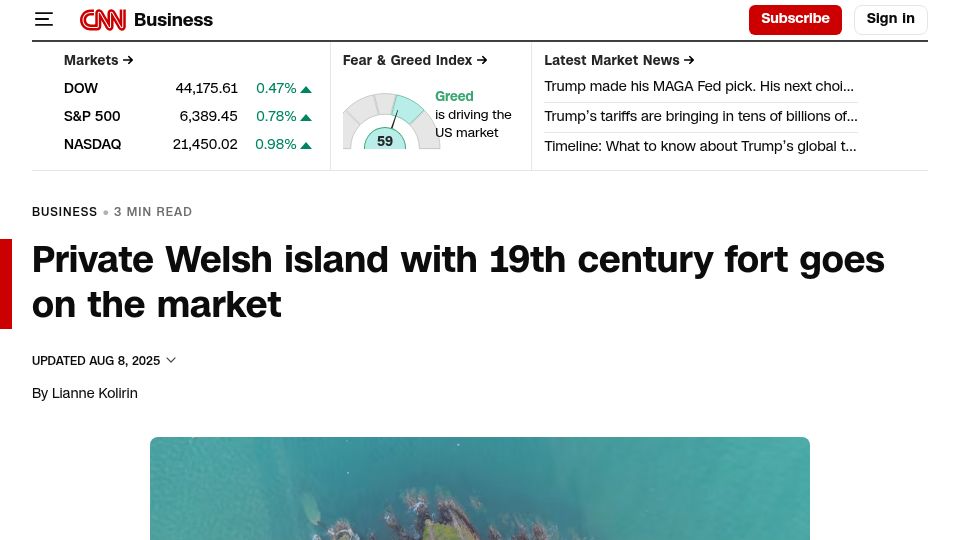 Screenshot of cnn.com: Private Welsh island with 19th century fort goes on the market