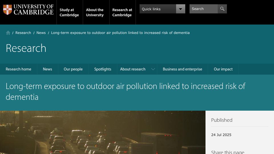 Screenshot of cam.ac.uk: Long-term exposure to outdoor air pollution linked to increased risk of dementia