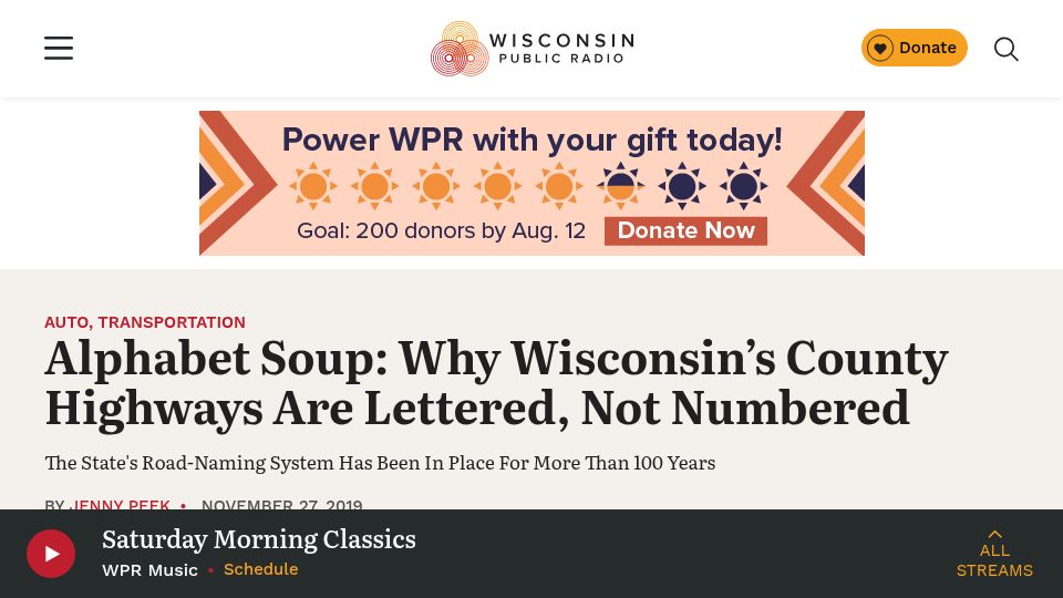 Screenshot of wpr.org: Why Wisconsin's county highways are lettered, not numbered (2019)