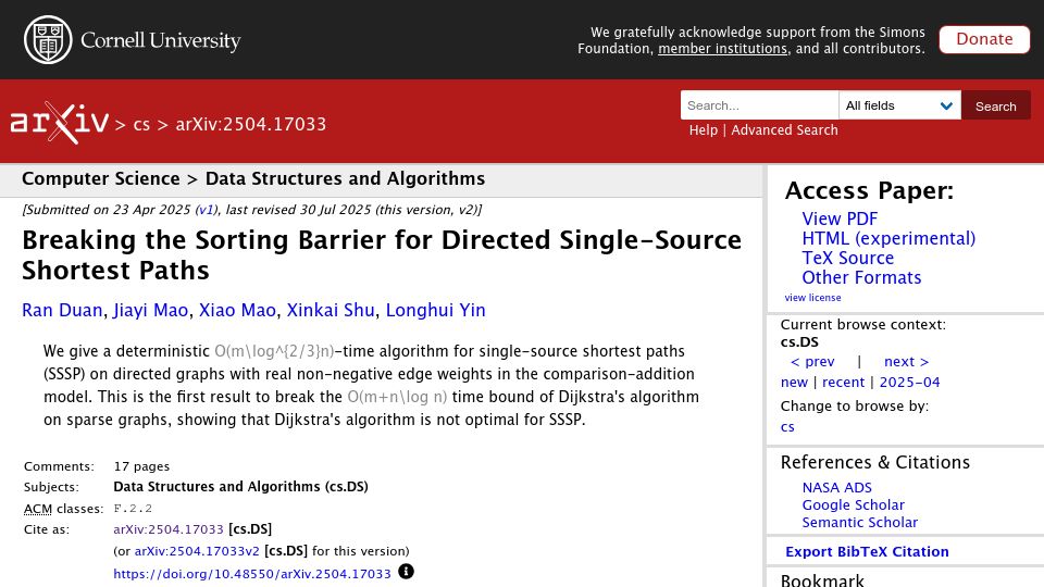 Screenshot of arxiv.org: Breaking the Sorting Barrier for Directed Single-Source Shortest Paths