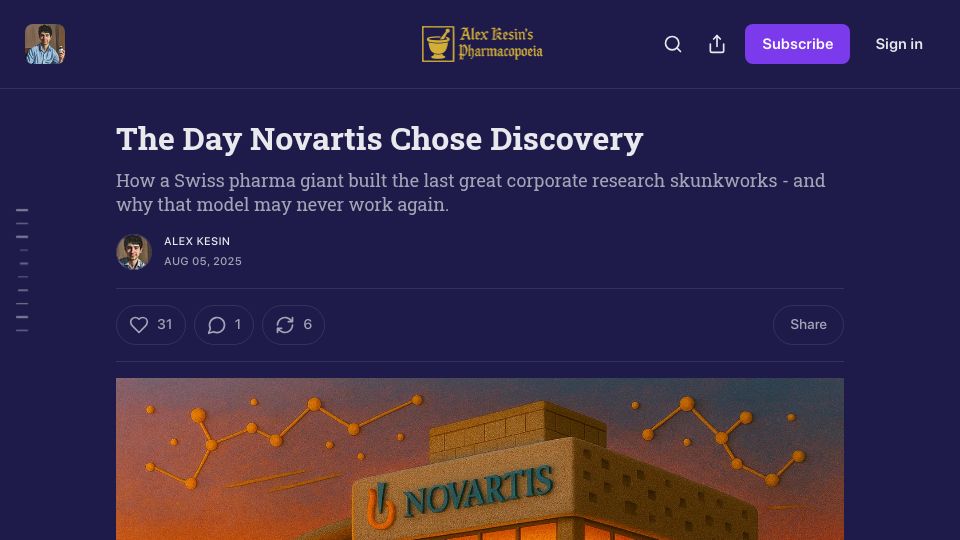 Screenshot of alexkesin.com: The Day Novartis Chose Discovery