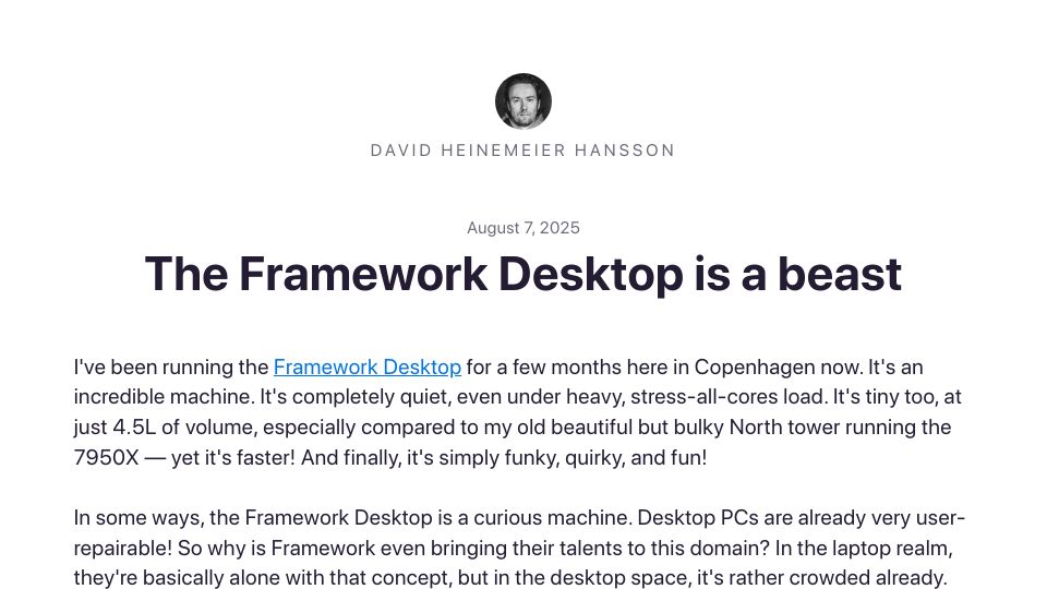 Screenshot of world.hey.com: The Framework Desktop is a beast