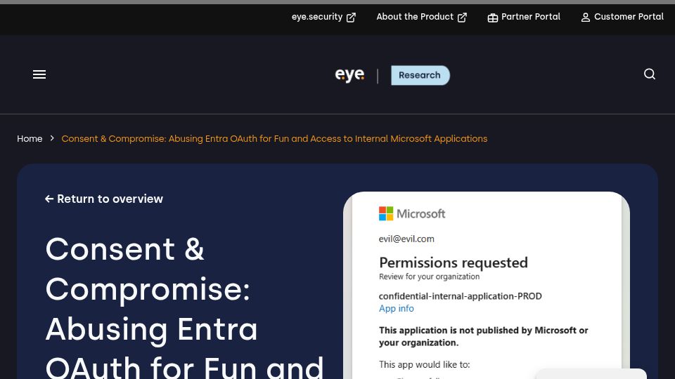 Screenshot of research.eye.security: Abusing Entra OAuth for fun and access to internal Microsoft applications