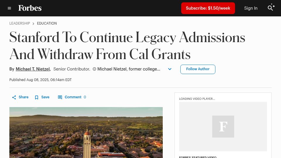 Screenshot of forbes.com: Stanford to continue legacy admissions and withdraw from Cal Grants