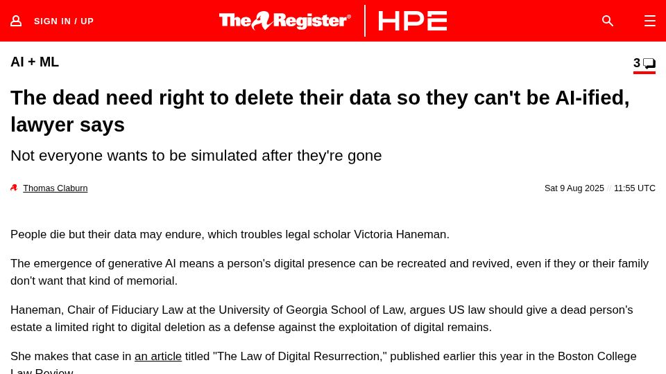 Screenshot of theregister.com: The dead need right to delete their data so they can't be AI-ified, lawyer says