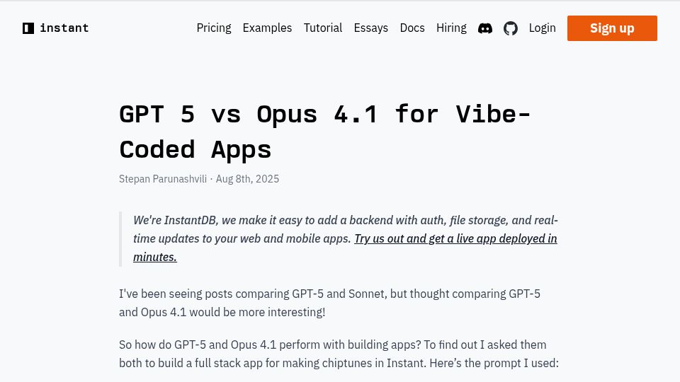 Screenshot of instantdb.com: GPT 5 vs. Opus 4.1 for Vibe-Coded Apps