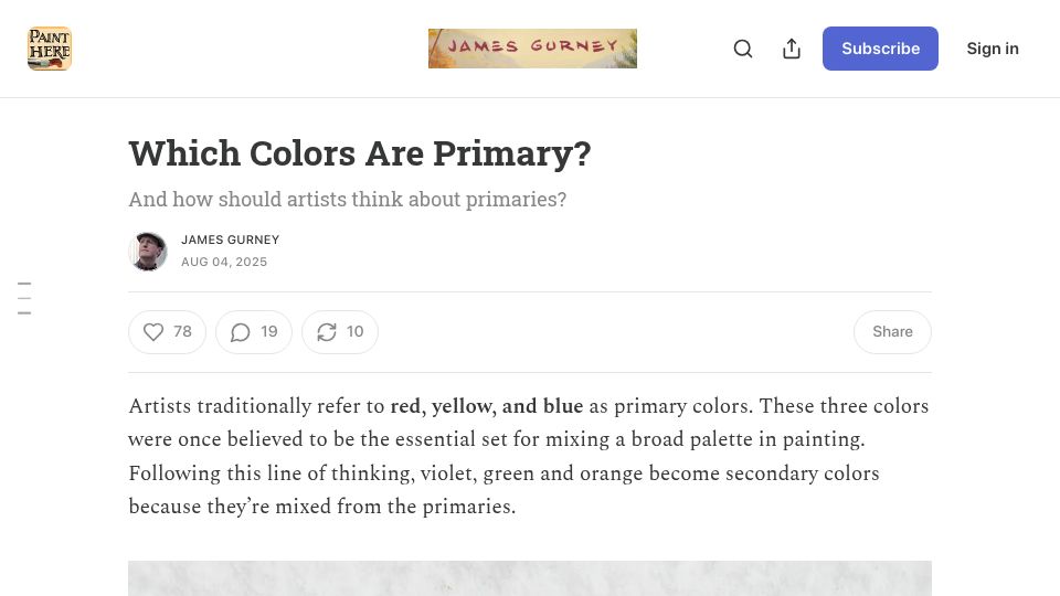 Screenshot of jamesgurney.substack.com: Which colors are primary?