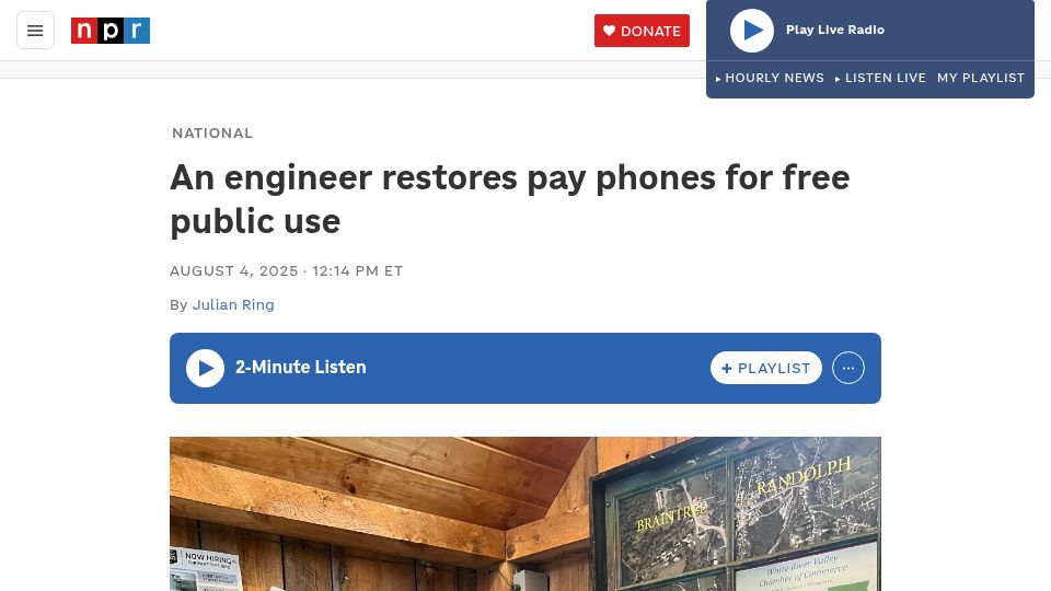 Screenshot of npr.org: Engineer restores pay phones for free public use