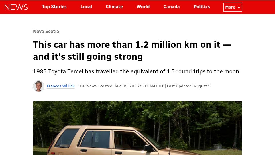 Screenshot of cbc.ca: Car has more than 1.2M km on it – and it's still going strong