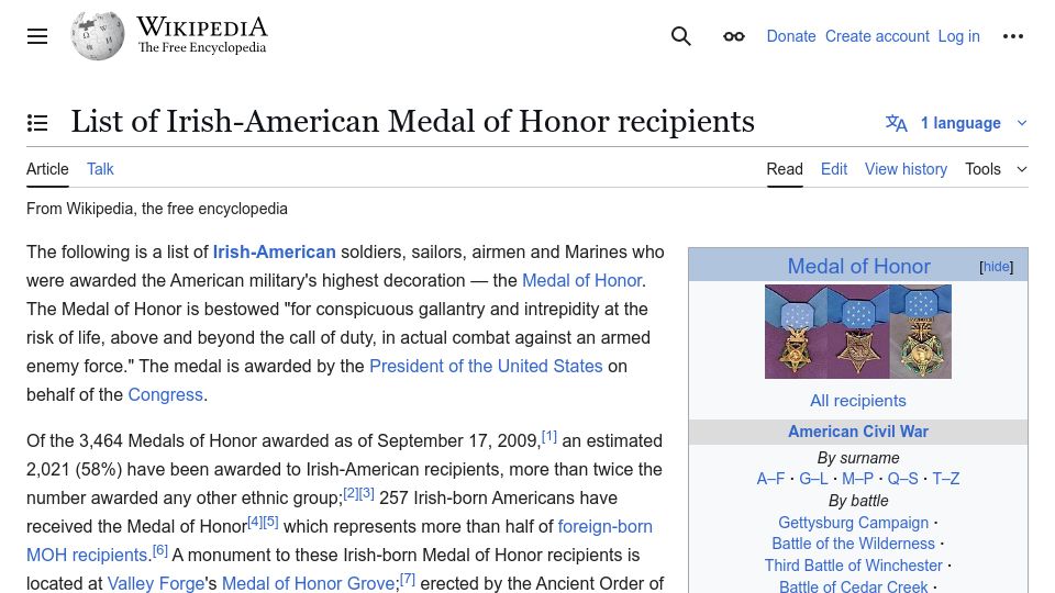 Screenshot of en.wikipedia.org: 60% of medal of honor recipients are Irish or Irish-American