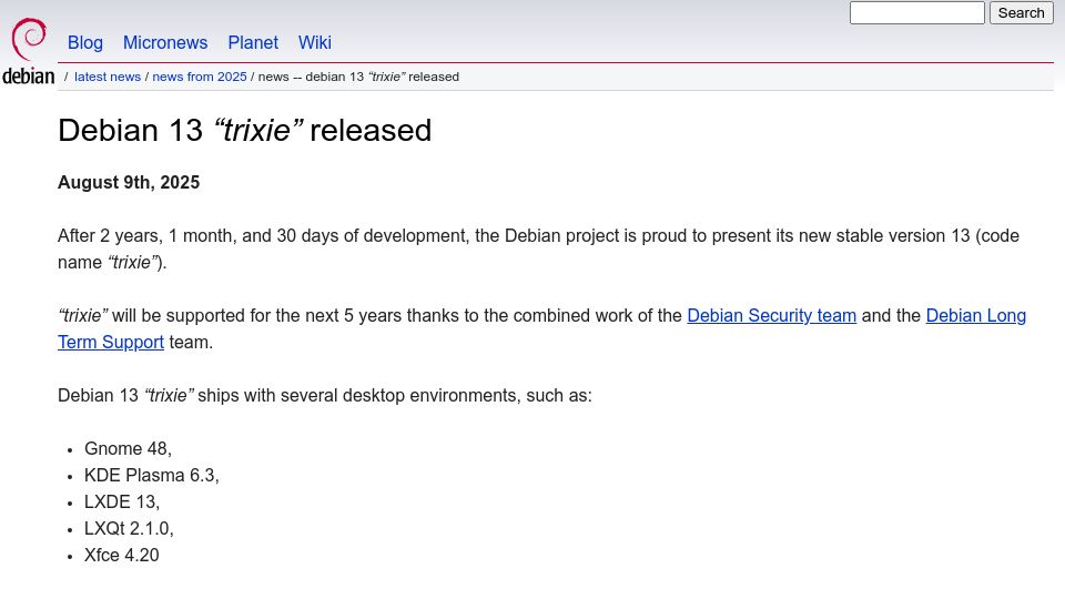 Screenshot of debian.org: Debian 13 “Trixie”