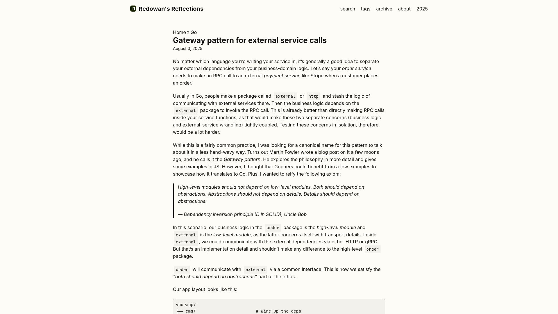 Screenshot of rednafi.com: Gateway pattern for external service calls