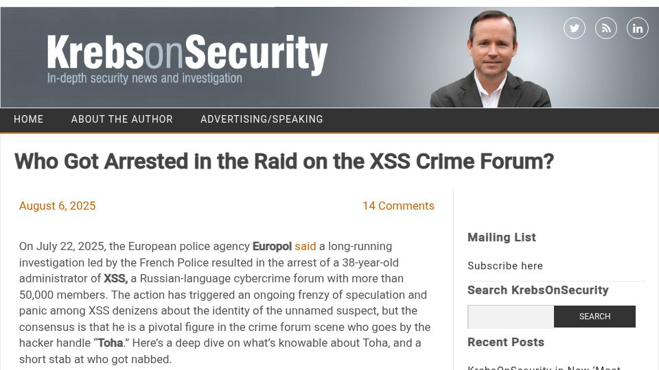 Screenshot of krebsonsecurity.com: Who got arrested in the raid on the XSS crime forum?