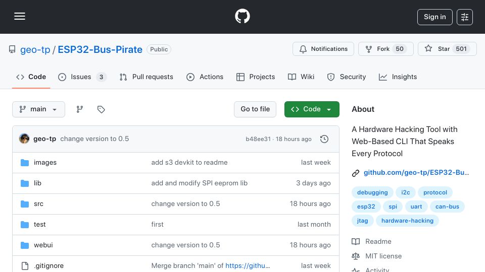 Screenshot of github.com: ESP32 Bus Pirate 0.5 – A hardware hacking tool that speaks every protocol