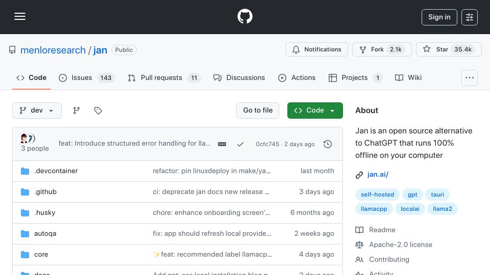 Screenshot of github.com: Jan – Ollama alternative with local UI