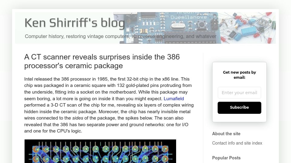 Screenshot of righto.com: A CT scanner reveals surprises inside the 386 processor's ceramic package