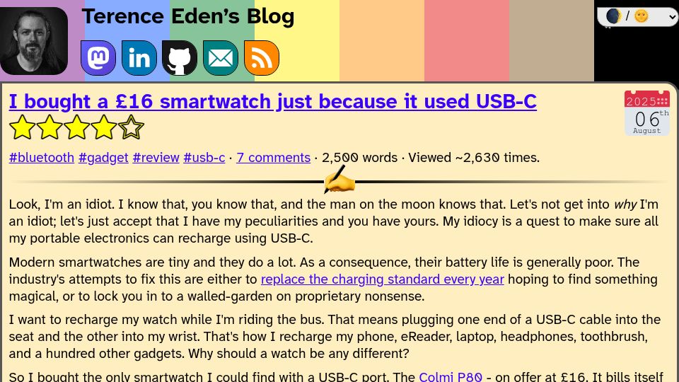 Screenshot of shkspr.mobi: I bought a £16 smartwatch just because it used USB-C