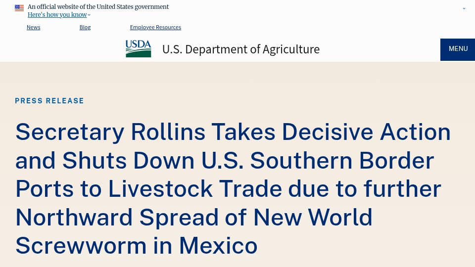 Screenshot of usda.gov: Mexico to US livestock trade halted due to screwworm spread