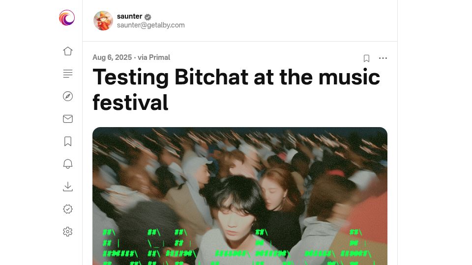 Screenshot of primal.net: Testing Bitchat at the music festival