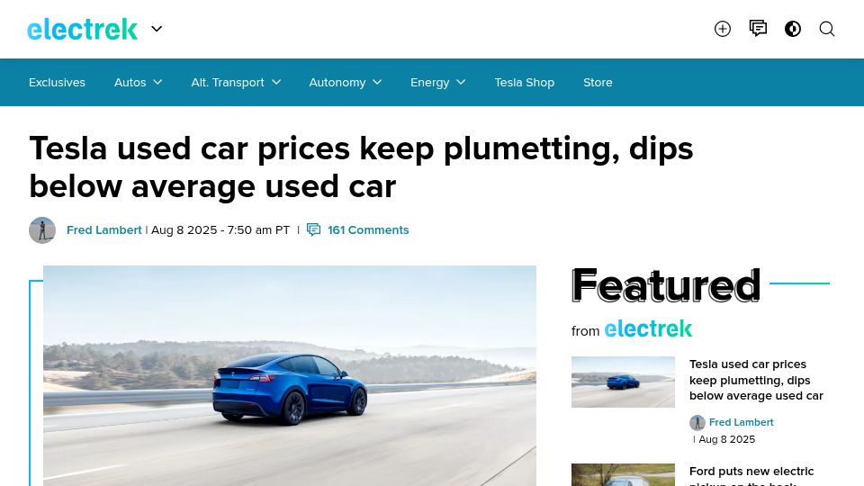 Screenshot of electrek.co: Tesla used car prices keep plumetting, dips below average used car