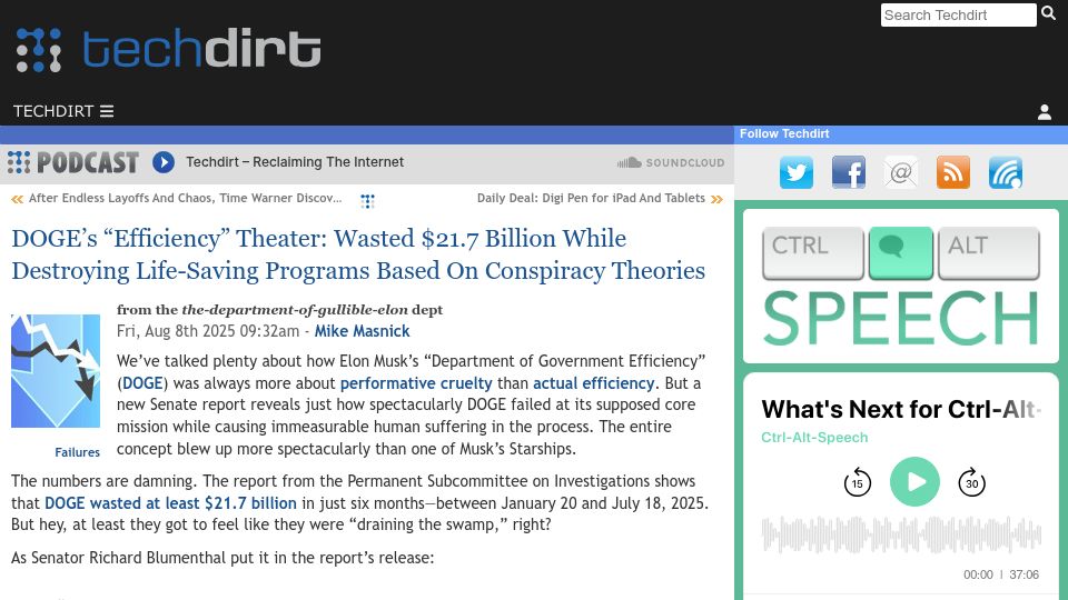 Screenshot of techdirt.com: DOGE's "Efficiency" Theater: Wasted $21.7B While Destroying Life-Saving Programs