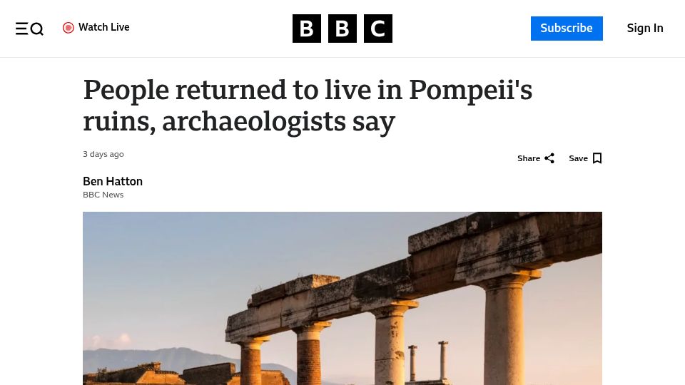 Screenshot of bbc.com: People returned to live in Pompeii's ruins, archaeologists say