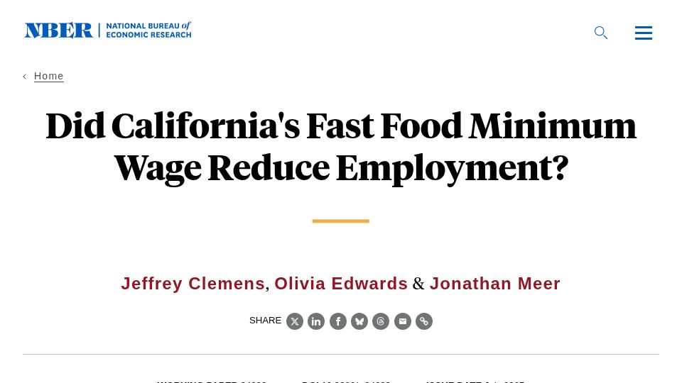 Screenshot of nber.org: Did California's fast food minimum wage reduce employment?