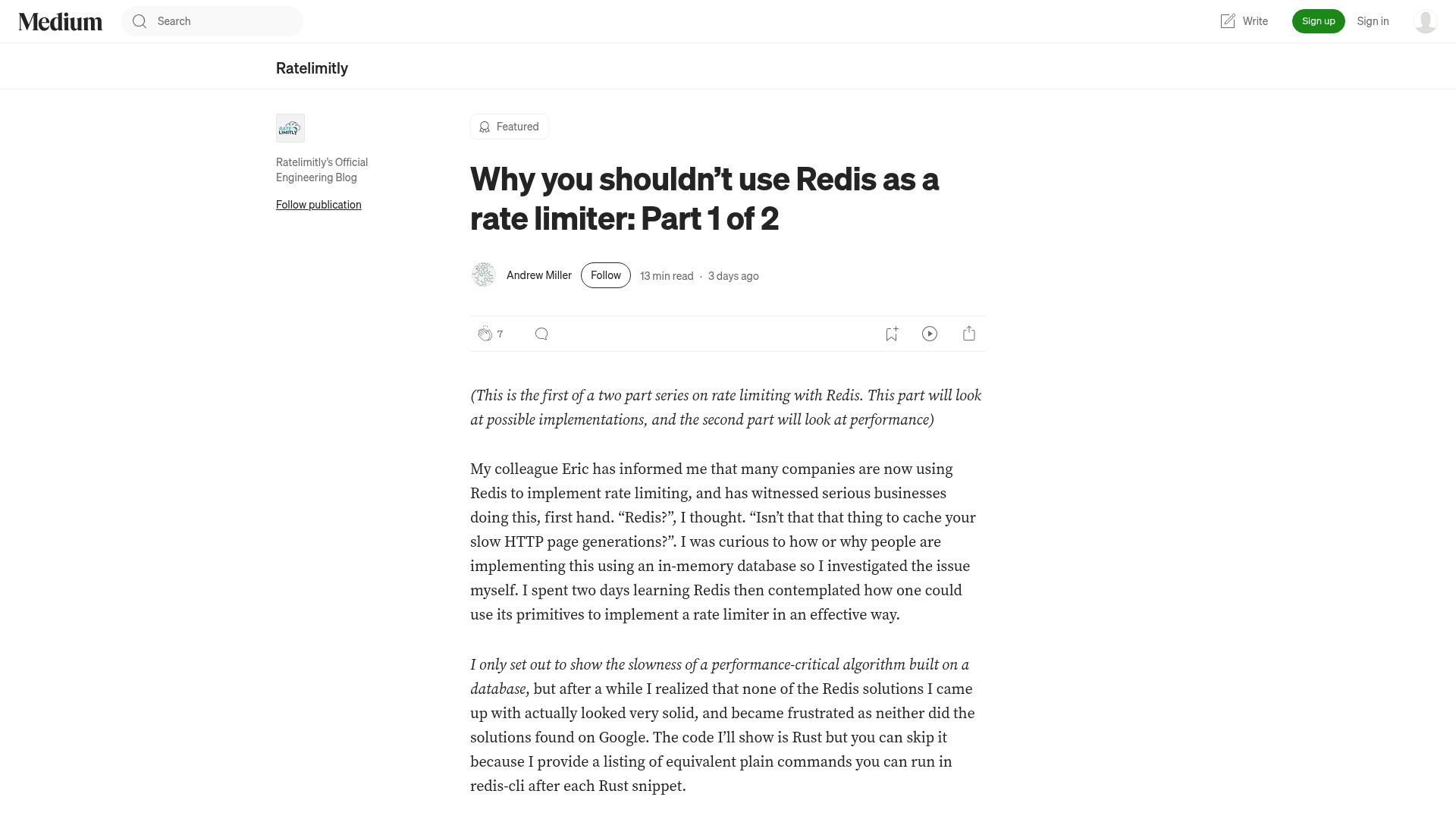 Screenshot of medium.com: Don't use Redis as a rate limiter