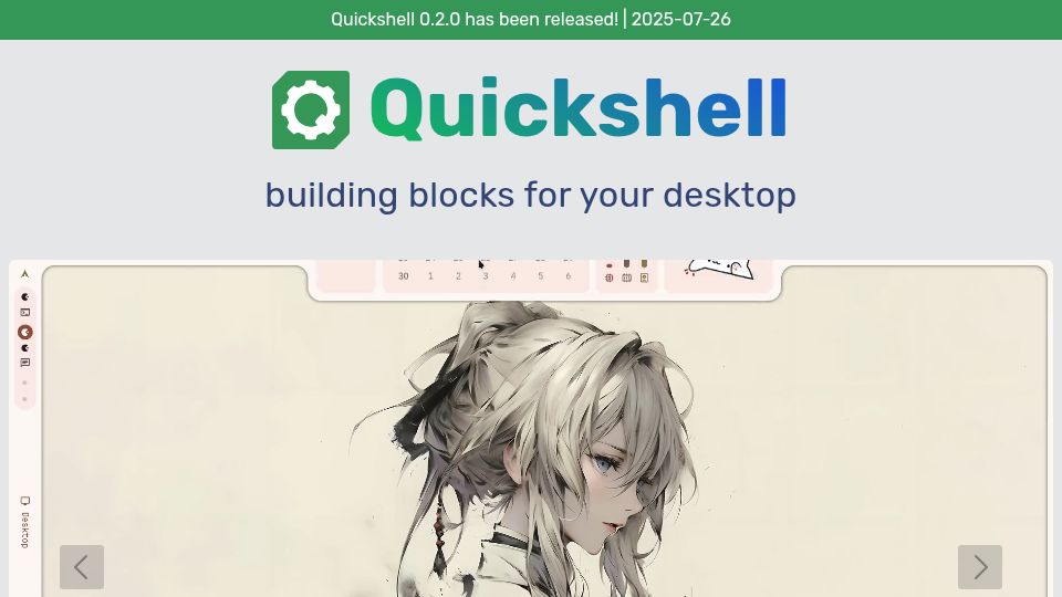 Screenshot of quickshell.org: Quickshell – building blocks for your desktop