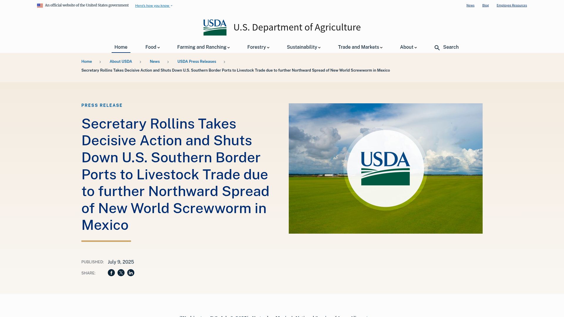 Screenshot of usda.gov: Mexico to US livestock trade halted due to screwworm spread