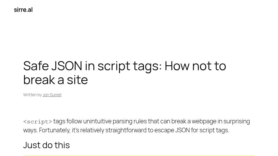Screenshot of sirre.al: How to safely escape JSON inside HTML SCRIPT elements