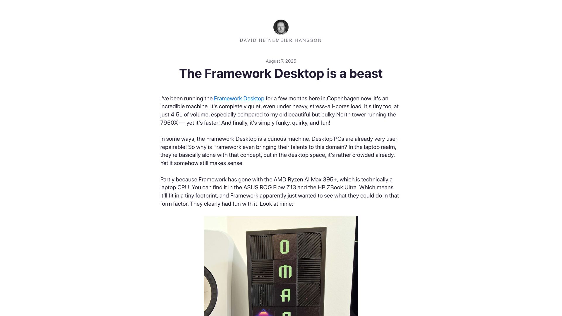 Screenshot of world.hey.com: The Framework Desktop is a beast
