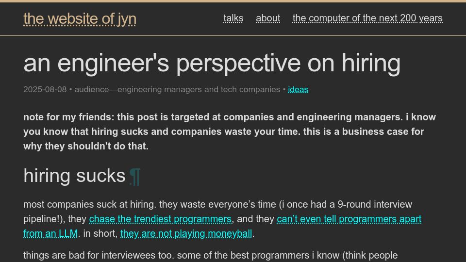 Screenshot of jyn.dev: An engineer's perspective on hiring