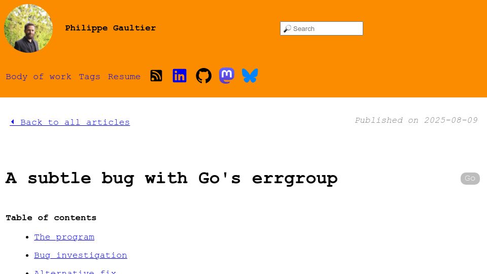 Screenshot of gaultier.github.io: A subtle bug with Go's errgroup