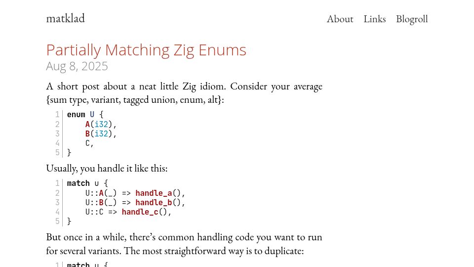 Screenshot of matklad.github.io: Partially Matching Zig Enums