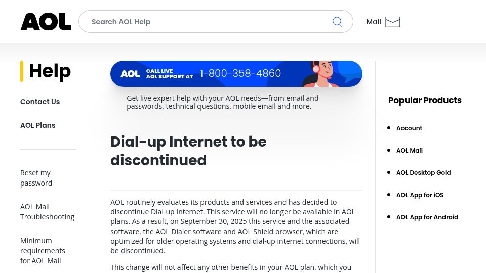 Screenshot of help.aol.com: Dial-up Internet to be discontinued