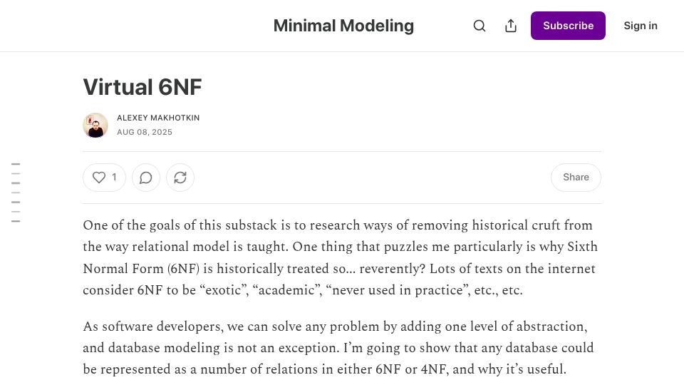 Screenshot of minimalmodeling.substack.com: Virtual 6NF