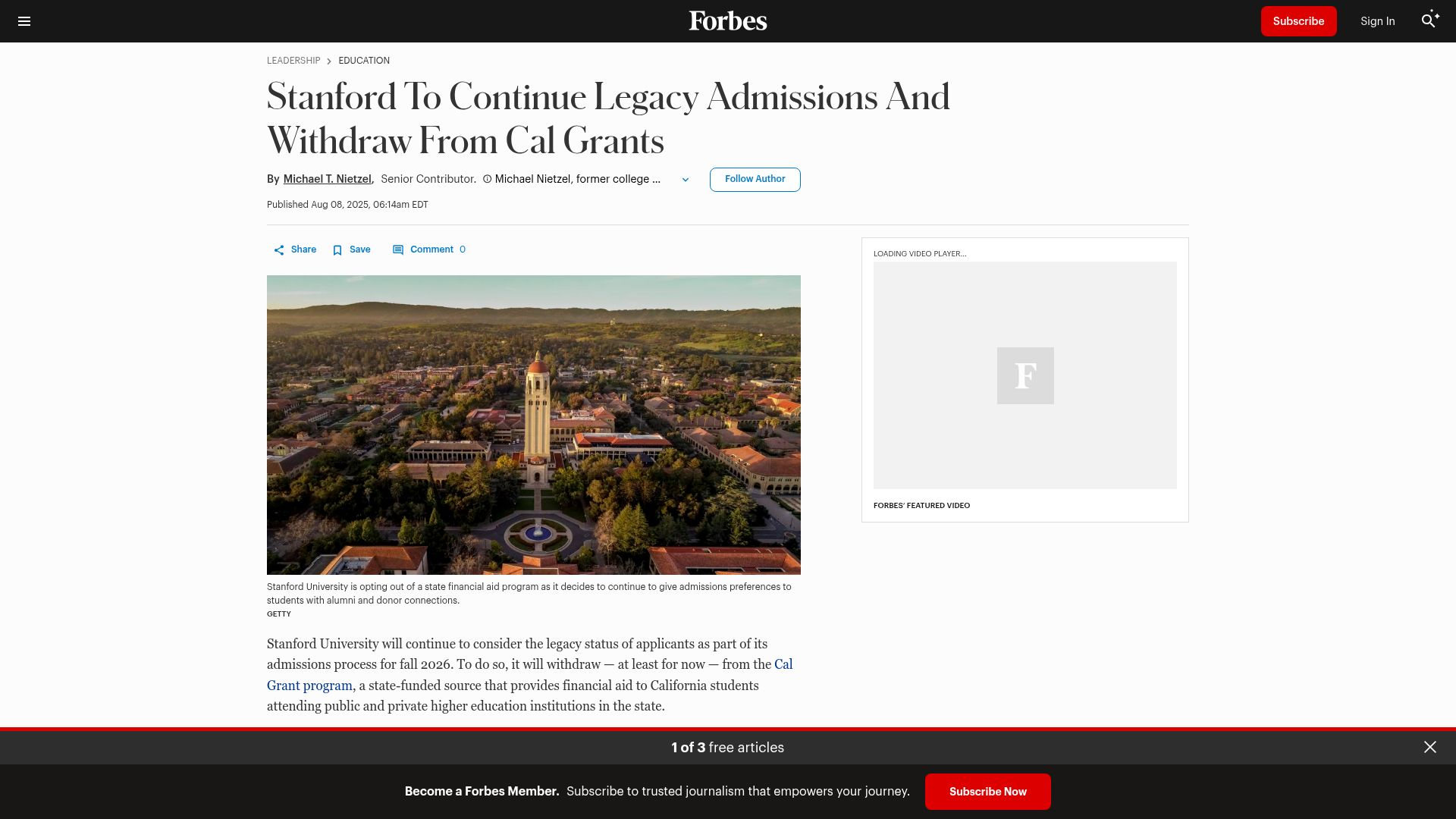 Screenshot of forbes.com: Stanford to continue legacy admissions and withdraw from Cal Grants