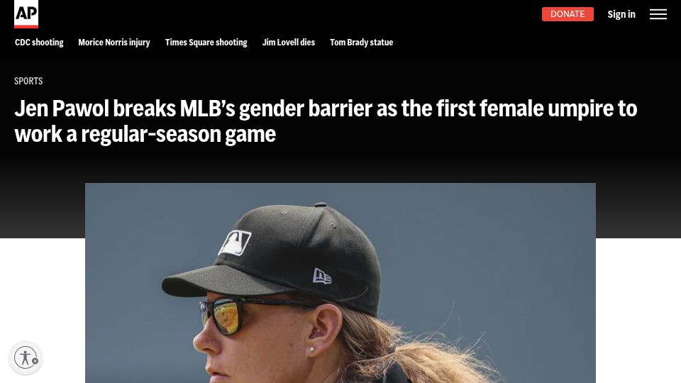 Screenshot of apnews.com: Jen Pawol becomes first woman to umpire a Major League Baseball game