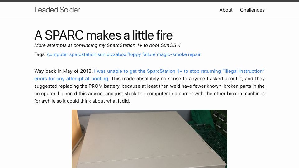 Screenshot of leadedsolder.com: A SPARC makes a little fire