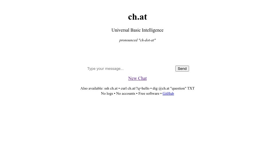 Screenshot of ch.at: Ch.at – A lightweight LLM chat service accessible through HTTP, SSH, DNS and API
