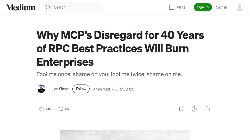 Screenshot of julsimon.medium.com: MCP overlooks hard-won lessons from distributed systems