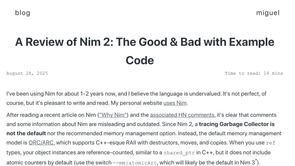 Screenshot of miguel-martin.com: A review of Nim 2: The good and bad with example code