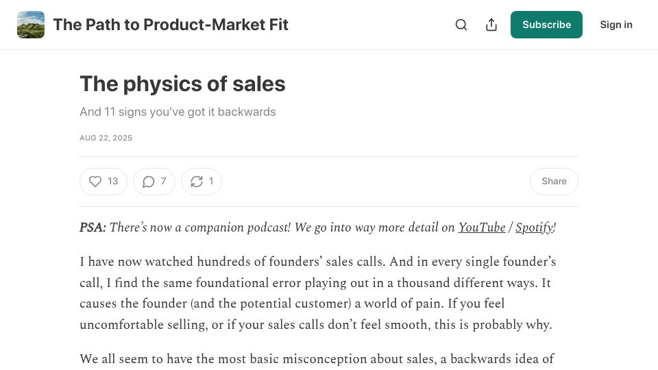 Screenshot of howtogrow.substack.com: The buyer-pull and seller-push theories of sales