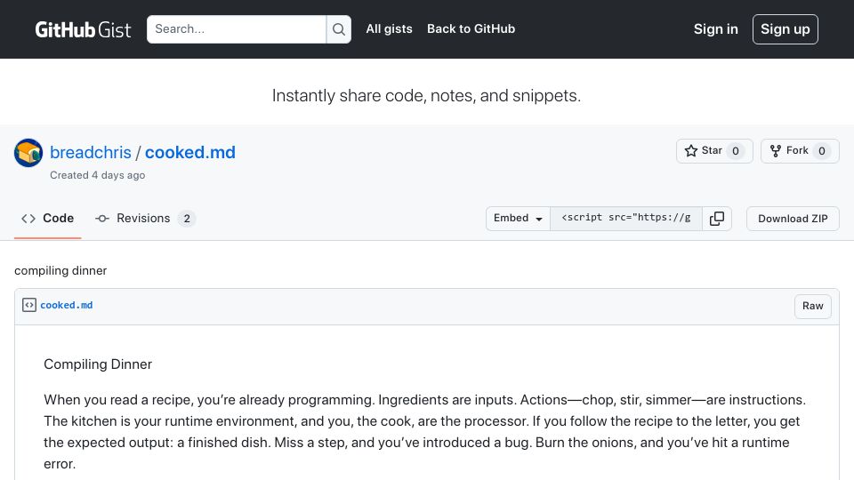 Screenshot of gist.github.com: Compiling Dinner