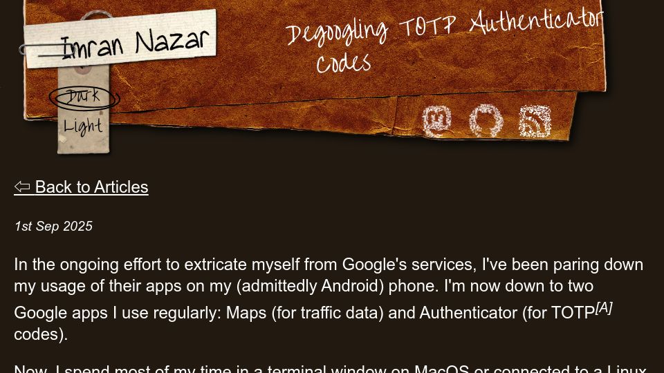 Screenshot of imrannazar.com: De-Googling TOTP Authenticator Codes