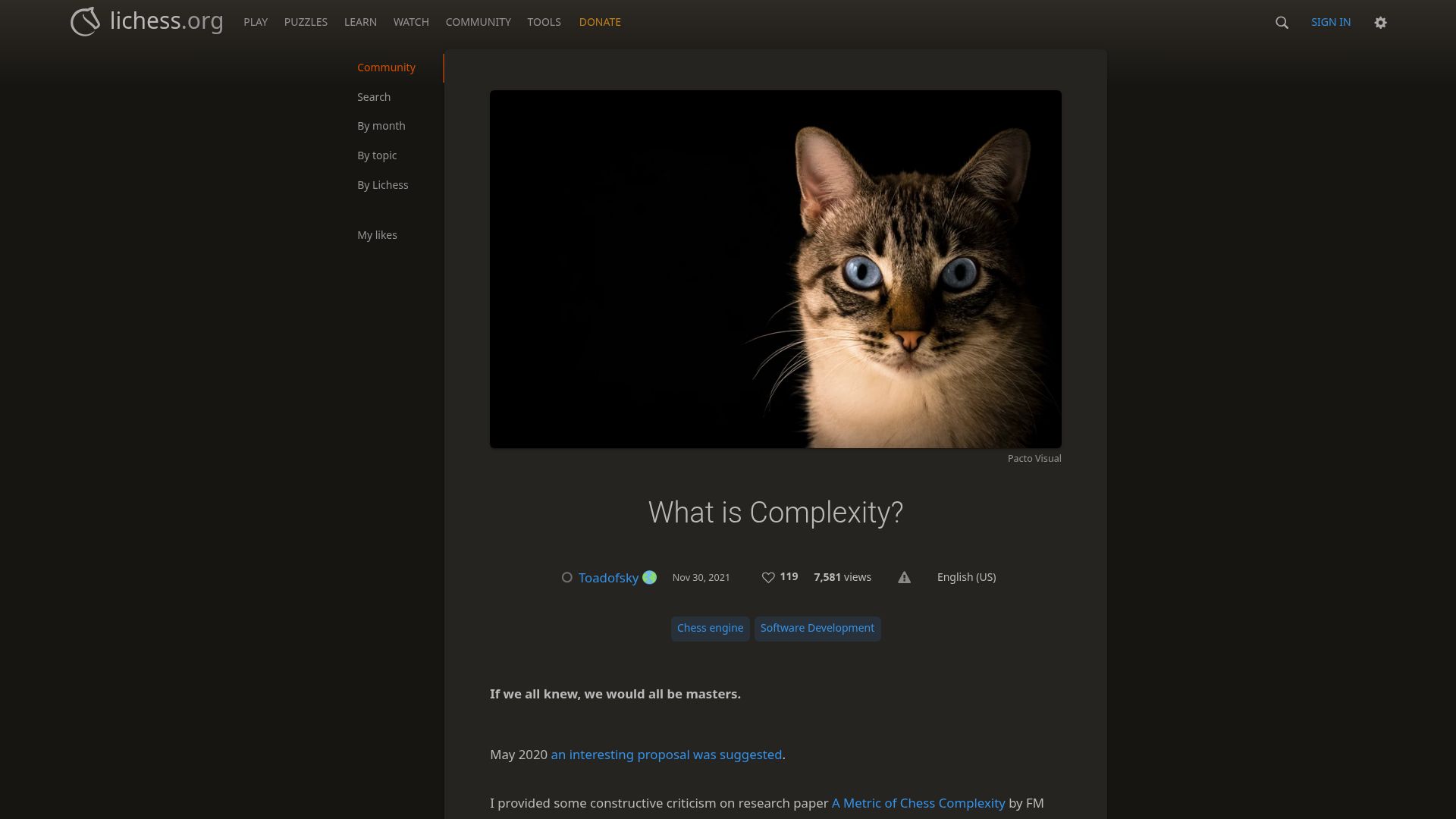 Screenshot of lichess.org: What Is Complexity in Chess?