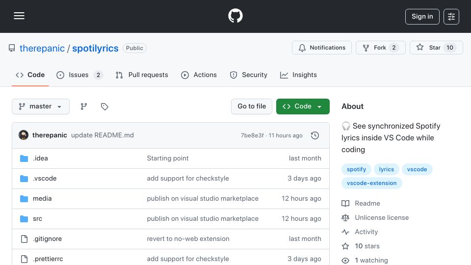 Screenshot of github.com: Show HN: Spotilyrics – See synchronized Spotify lyrics inside VS Code